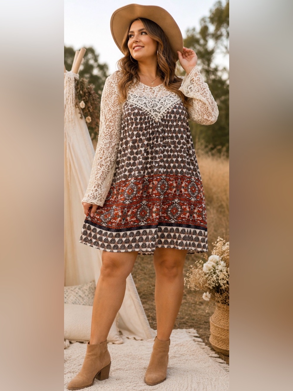 444 Blu Pepper Boho Crochet Lace Sleeve Dress Large Cream Rust Festival Peasant